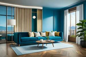 a blue living room with a sofa and a coffee table. AI-Generated photo