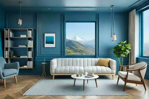 blue living room with a sofa, chair and bookshelf. AI-Generated photo