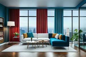 a modern living room with blue walls and red curtains. AI-Generated photo