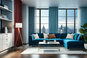 a modern living room with blue furniture and a view of the city. AI-Generated photo