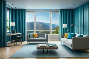 a modern living room with blue walls and a view of the mountains. AI-Generated photo