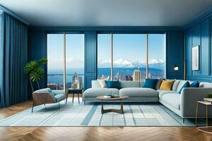 a modern living room with blue walls and a view of the mountains. AI-Generated photo