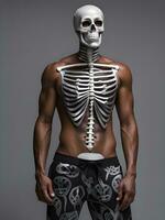 man in skeleton costume in the dark room photo