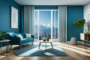 a modern living room with blue walls and a view of the mountains. AI-Generated photo