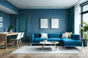 blue living room with wooden floors and blue walls. AI-Generated photo