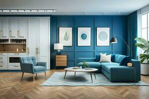 blue living room with white furniture and blue walls. AI-Generated photo