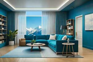 a modern living room with blue walls and a large sectional couch. AI-Generated photo