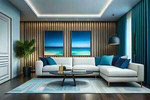 a modern living room with blue and white furniture. AI-Generated photo
