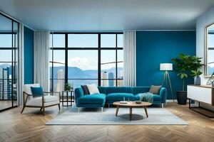 modern living room with blue walls and wooden floors. AI-Generated photo