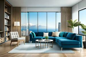 a modern living room with blue furniture and a view of the mountains. AI-Generated photo