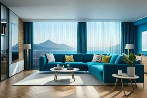 a modern living room with blue furniture and a view of the mountains. AI-Generated photo