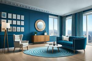 a blue living room with a round rug and blue furniture. AI-Generated photo