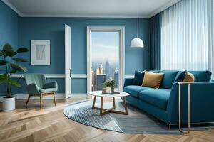 a blue living room with a view of the city. AI-Generated photo