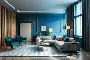 a modern living room with blue walls and wood paneling. AI-Generated photo