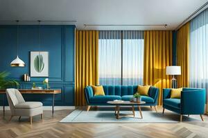 a modern living room with blue walls and yellow curtains. AI-Generated photo