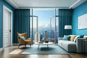 a modern living room with blue walls and a view of the city. AI-Generated photo