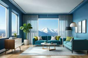 modern living room with blue walls and a view of mountains. AI-Generated photo