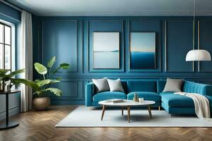 blue living room with a sofa, coffee table and two paintings. AI-Generated photo