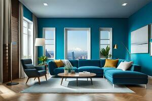 a modern living room with blue walls and wooden floors. AI-Generated photo