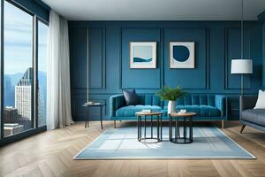 blue living room with wooden floors and blue walls. AI-Generated photo