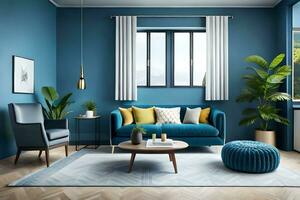 blue living room with yellow sofa, blue walls and wooden floor. AI-Generated photo