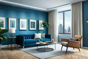 a modern living room with blue walls and furniture. AI-Generated photo