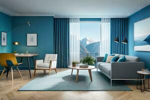 a modern living room with blue walls and wood floors. AI-Generated photo
