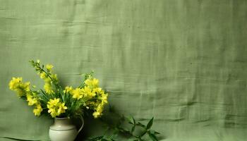 yellow flowers in a vase on a green background AI Generated photo