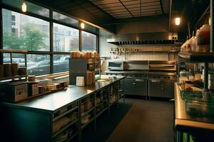 Inside clean kitchen of a modern restaurant or mini cafe with cooking utensils and small bar counter concept by AI Generated photo