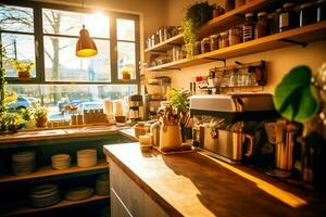 dentro limpiar cocina de un moderno restaurante o mini café con Cocinando utensilios y pequeño bar mostrador concepto por ai generado foto