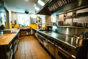 Inside clean kitchen of a modern restaurant or mini cafe with cooking utensils and small bar counter concept by AI Generated photo