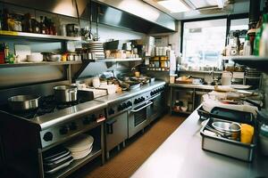 dentro limpiar cocina de un moderno restaurante o mini café con Cocinando utensilios y pequeño bar mostrador concepto por ai generado foto