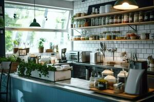 Inside clean kitchen of a modern restaurant or mini cafe with cooking utensils and small bar counter concept by AI Generated photo