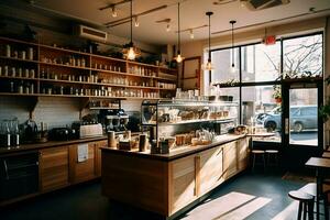 dentro limpiar cocina de un moderno restaurante o mini café con Cocinando utensilios y pequeño bar mostrador concepto por ai generado foto