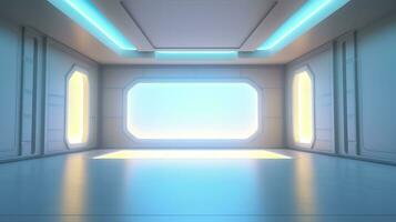 Empty Wall in a Futuristic Sci Fi Living Room with Light Yellow, Light Cyan, and Light Blue Neon. AI Generative photo