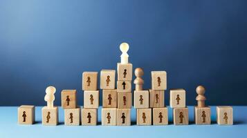 Many wooden cubes with people symbols and one with a lightbulb symbol on blue background. AI Generative photo