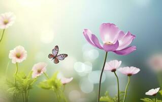 Fresco primavera Mañana en naturaleza y revoloteando mariposas en un suave verde antecedentes. generativo ai foto