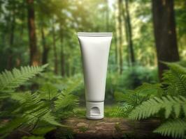 White cosmetic tube, cosmetic product mockup, nature forest background, Sunshine Ray. AI Generative photo