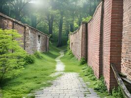 green brick wall in the park photo