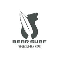 Vintage Retro Angry Bear hold Surf Board for Surfing Sport Club Logo Design vector