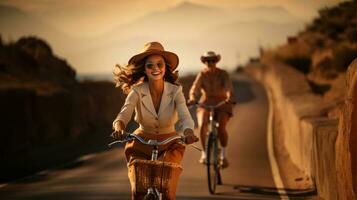 contento joven mujer en sombrero montando un bicicleta en el la carretera en el montañas a puesta de sol. calentar colores tonificado, retro foto