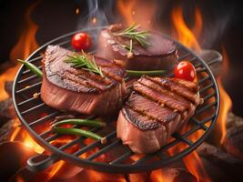 grilled steaks with spices and tomatoes. photo