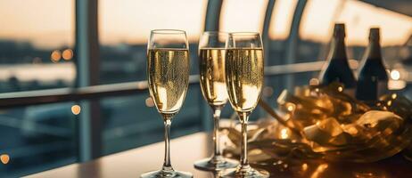 Luxury evening party on a cruising yacht with a champagne setting. Champagne glasses and bottles with champagne with bokeh yacht in the background, nobody. AI Generative photo