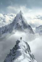 Man on top of mountain, walking through clouds, AI Generative photo