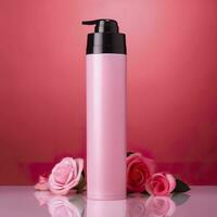 Amazon Product Picture Body Wash, Cylinder Bottle Solid Color pink background, with roses, AI Generative photo