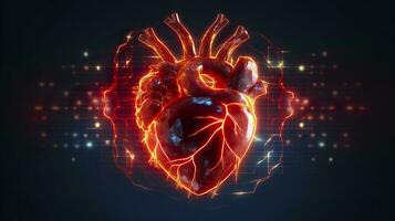 Human heart with cardiogram for medical heart health care background, AI Generative photo