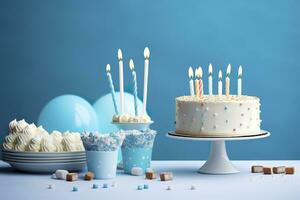 Birthday cake with candles and sweets on white table near blue wall. Generative AI photo