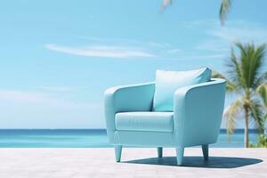 Photo of a modern light blue color armchair alone in the tropical background, AI Generative