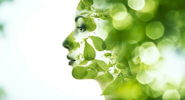 naturaleza árbol geen hojas combina con el belleza de joven atractivo mujer. mental salud concepto ai generativo. foto