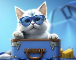 Cute cat on blue suitcase with sunglasses. AI Generative photo